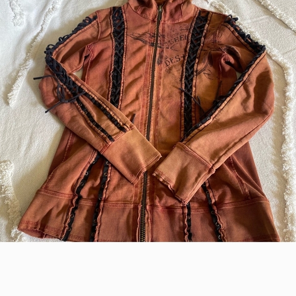 Salvage Tops - SALVAGE Y2K Corset Lace Up Sleeves Distressed Grunge Hoodie. L